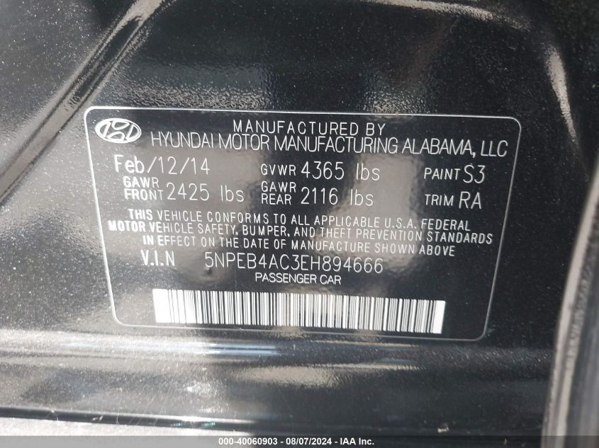 2014 Hyundai Sonata Gls VIN: 5NPEB4AC3EH894666 Lot: 40060903