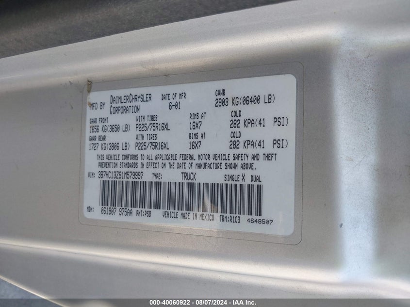 2001 Dodge Ram 1500 St VIN: 3B7HC13Z91M579997 Lot: 40060922