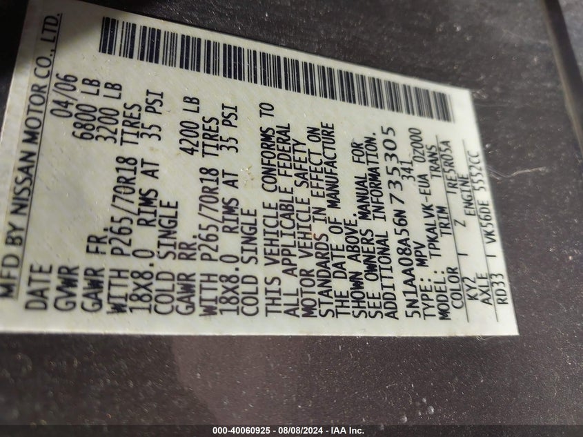 2006 Nissan Armada Le VIN: 5N1AA08A56N735305 Lot: 40060925