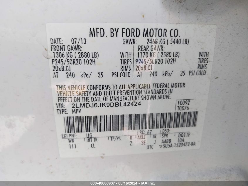 2013 LINCOLN MKX - 2LMDJ6JK9DBL42424