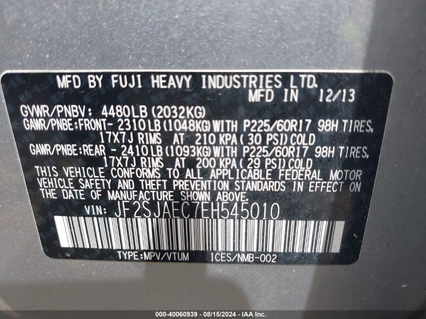 2014 Subaru Forester 2.5I Premium VIN: JF2SJAEC7EH545010 Lot: 40060939