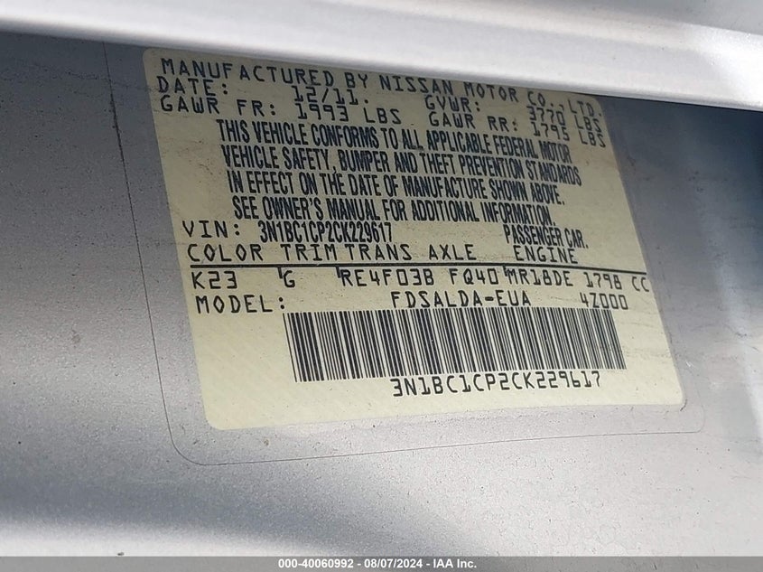 2012 Nissan Versa 1.8 S VIN: 3N1BC1CP2CK229617 Lot: 40060992