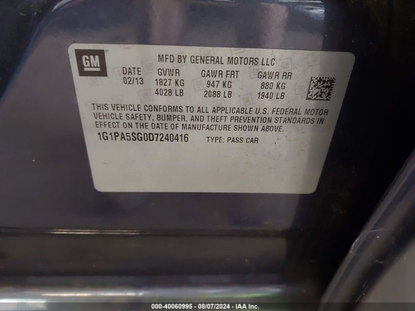 2013 Chevrolet Cruze Ls VIN: 1G1PA5SG0D7240416 Lot: 40060995