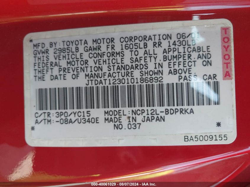 2001 Toyota Echo VIN: JTDAT123010186892 Lot: 40061029