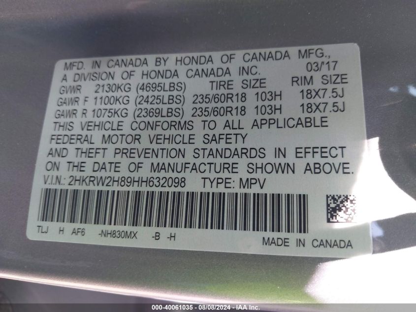 2017 Honda Cr-V Ex-L/Ex-L Navi VIN: 2HKRW2H89HH632098 Lot: 40061035