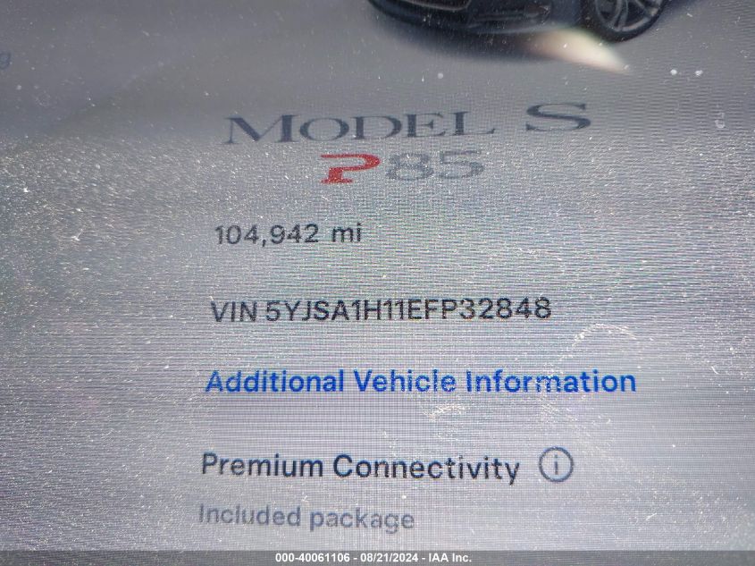 2014 Tesla Model S P85 VIN: 5YJSA1H11EFP32848 Lot: 40061106