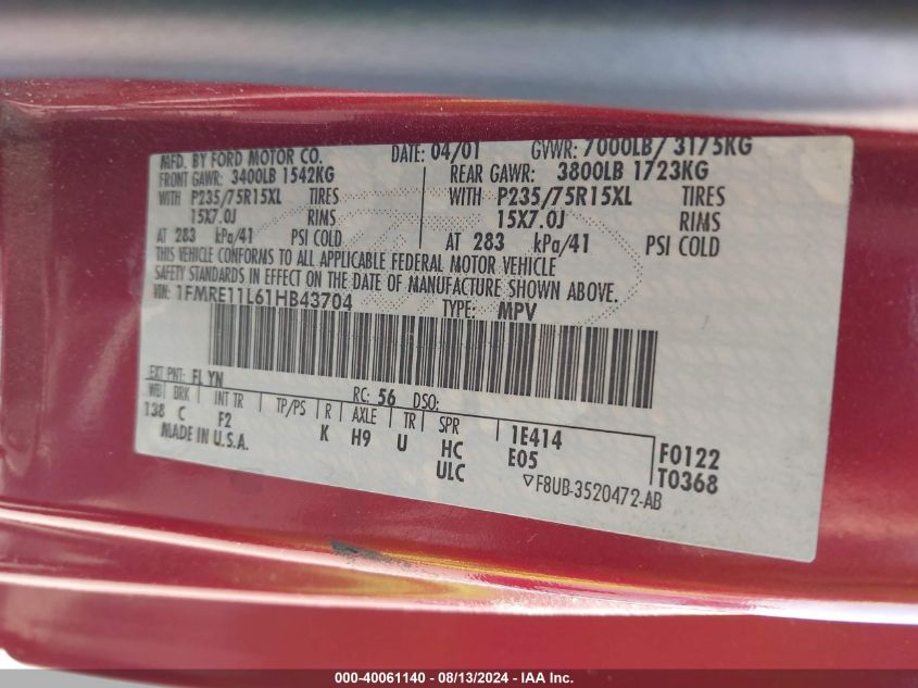 2001 Ford Econoline E150 Wagon VIN: 1FMRE11L61HB43704 Lot: 40061140