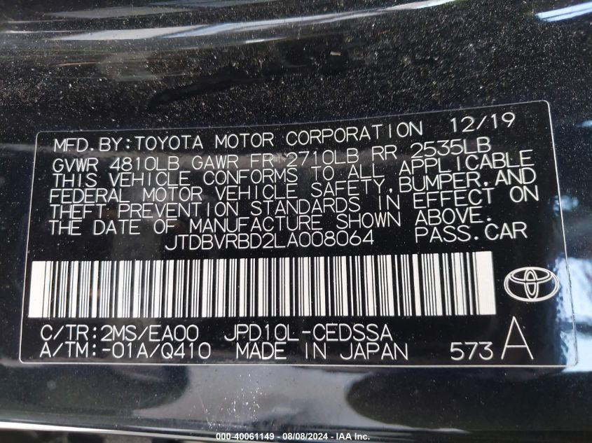 2020 Toyota Mirai VIN: JTDBVRBD2LA008064 Lot: 40061149