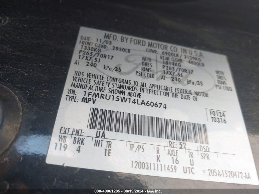 2004 Ford Expedition Xlt VIN: 1FMRU15W14LA60674 Lot: 40061285