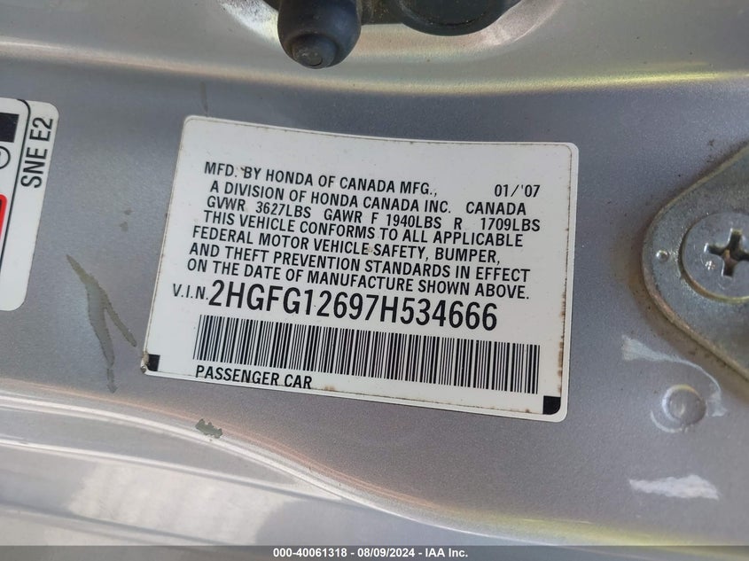 2007 Honda Civic Lx VIN: 2HGFG12697H534666 Lot: 40061318