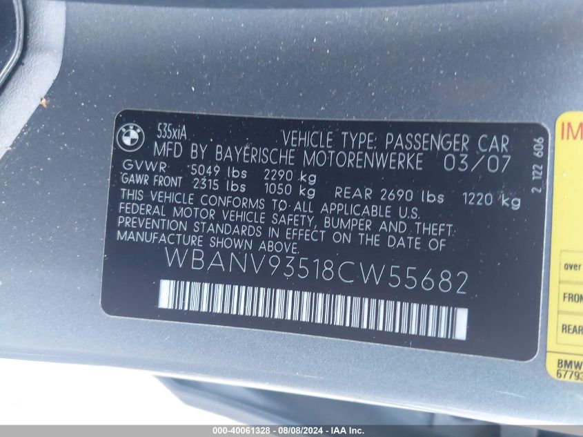 2008 BMW 535Xi VIN: WBANV93518CW55682 Lot: 40061328