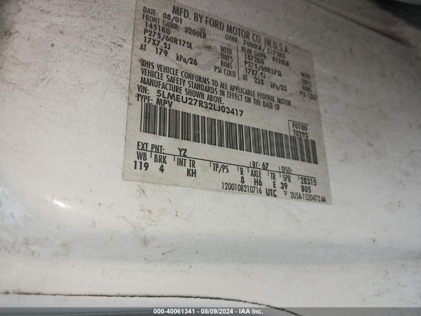 2002 Lincoln Navigator VIN: 5LMEU27R32LJ03417 Lot: 40061341