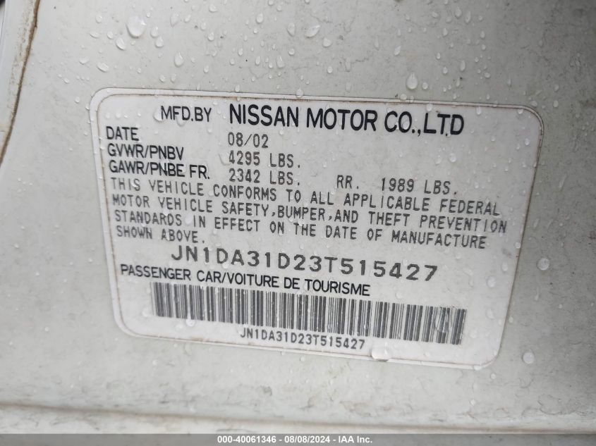 2003 Nissan Maxima Gxe VIN: JN1DA31D23T515427 Lot: 40061346