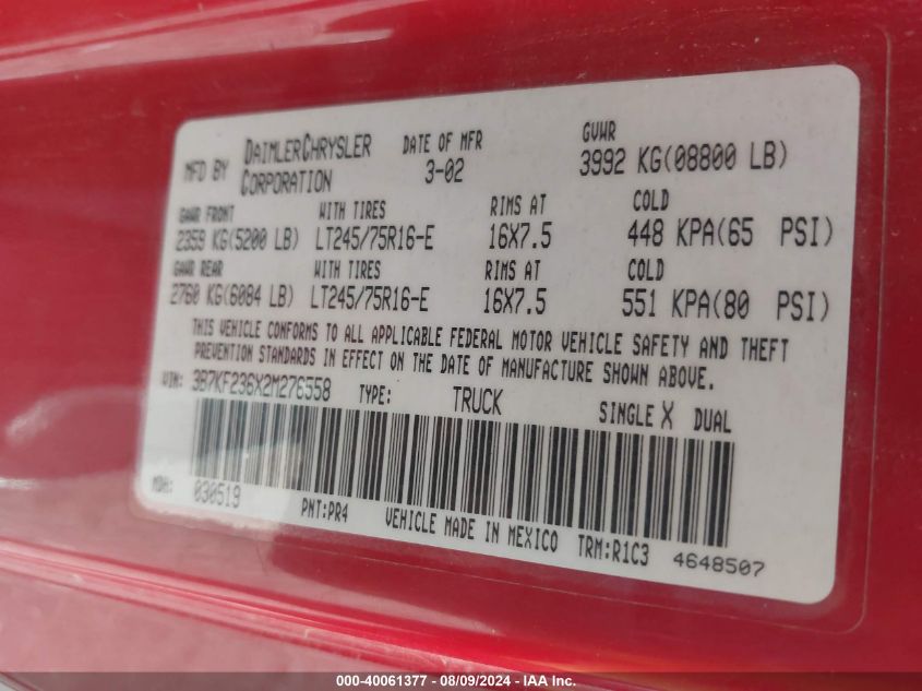 2002 Dodge Ram 2500 St VIN: 3B7KF236X2M276558 Lot: 40061377