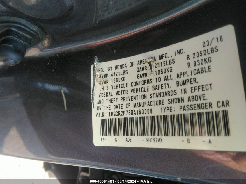 1HGCR2F78GA160006 2016 Honda Accord Ex