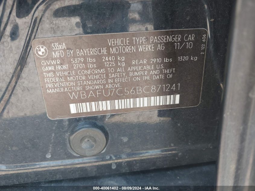2011 BMW 535I xDrive VIN: WBAFU7C56BC871241 Lot: 40061402