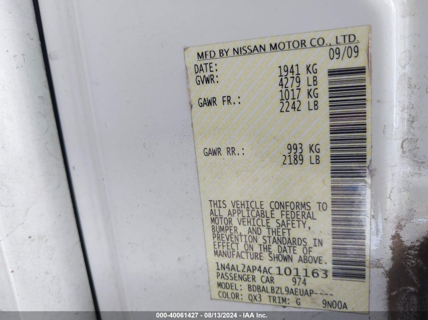 2010 Nissan Altima 2.5 S VIN: 1N4AL2AP4AC101163 Lot: 40061427