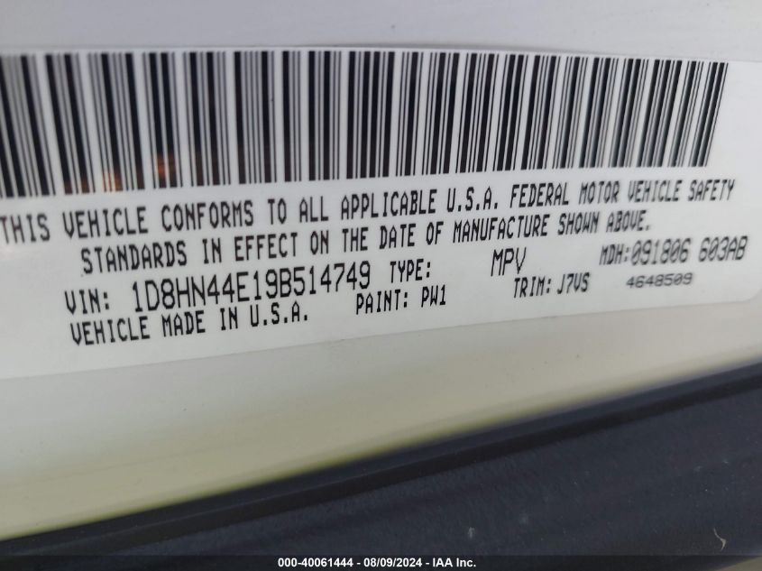 2009 Dodge Grand Caravan Se VIN: 1D8HN44E19B514749 Lot: 40061444