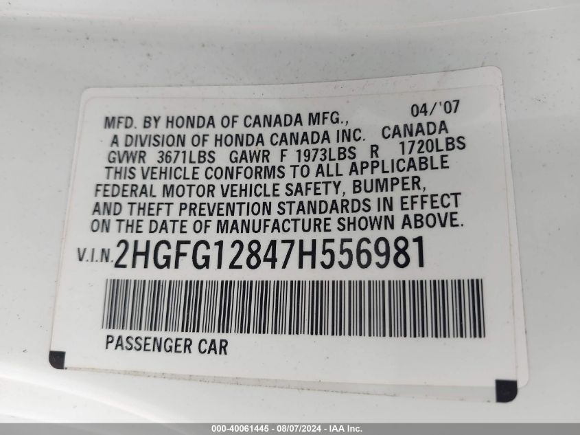 2007 Honda Civic Ex VIN: 2HGFG12847H556981 Lot: 40061445