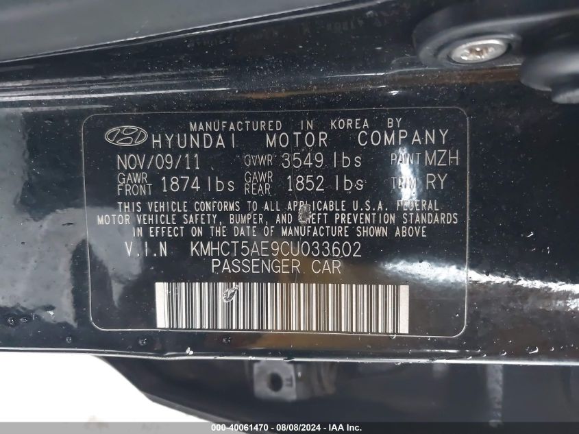 2012 Hyundai Accent Gs VIN: KMHCT5AE9CU033602 Lot: 40061470