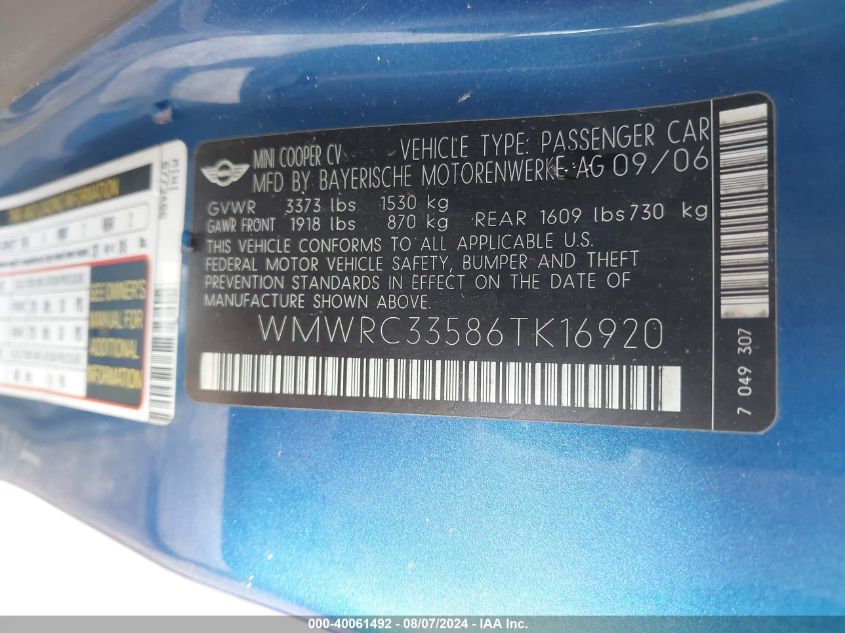 2006 Mini Cooper VIN: WMWRC33586TK16920 Lot: 40061492