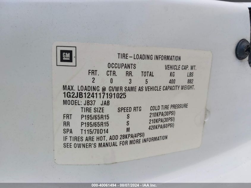 2001 Pontiac Sunfire Se VIN: 1G2JB124117191025 Lot: 40061494