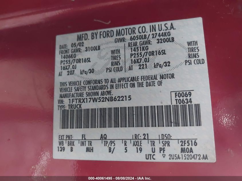 2002 Ford F-150 Xl/Xlt/Lariat/King Ranch VIN: 1FTRX17W52NB62215 Lot: 40061495