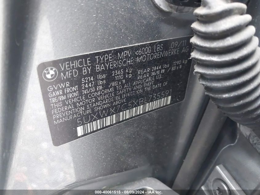 2011 BMW X3 xDrive35I VIN: 5UXWX7C5XBL735591 Lot: 40061515