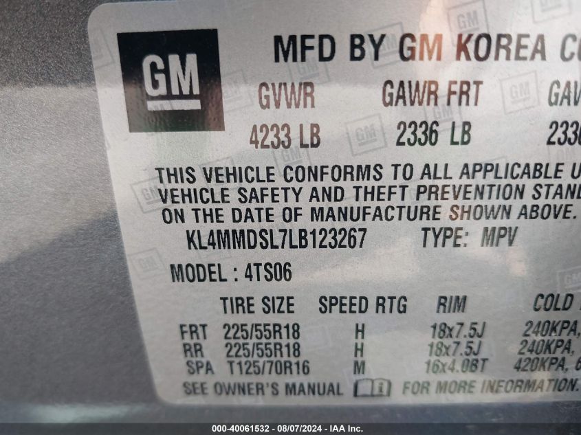 2020 Buick Encore Gx Fwd Select VIN: KL4MMDSL7LB123267 Lot: 40061532