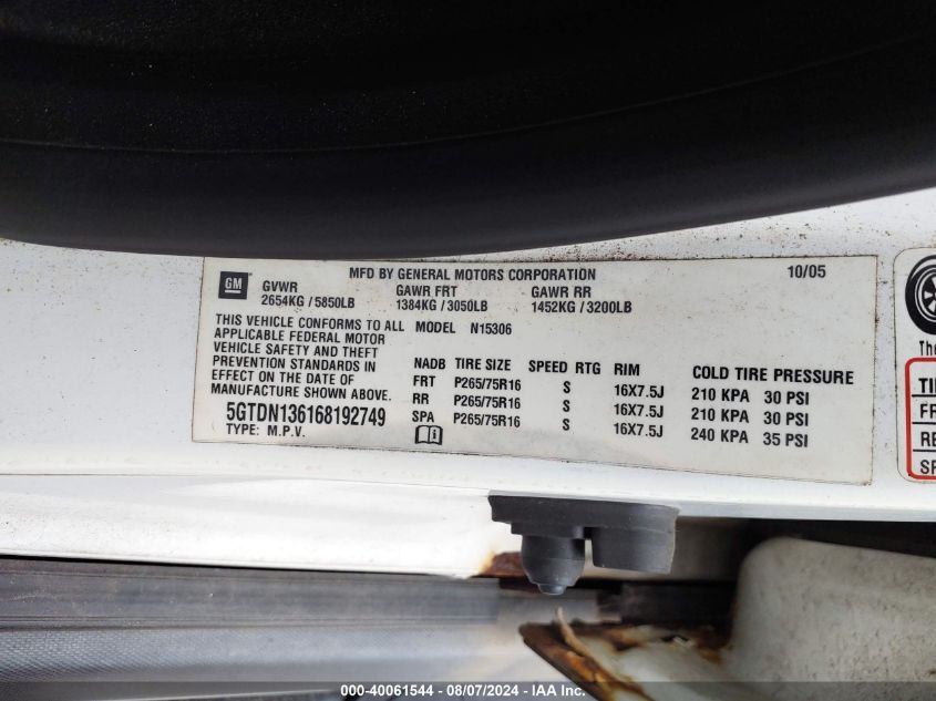 2006 Hummer H3 Suv VIN: 5GTDN136168192749 Lot: 40061544