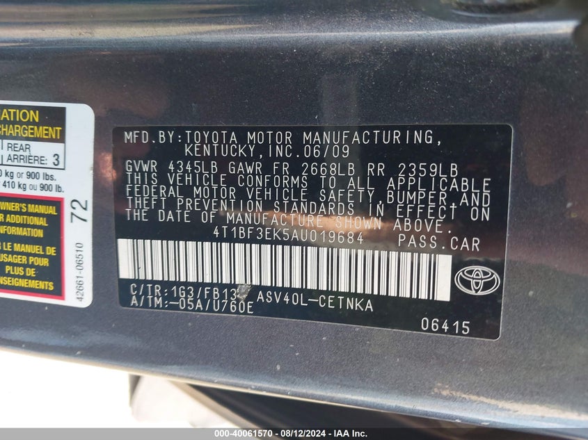 2010 Toyota Camry Le VIN: 4T1BF3EK5AU019684 Lot: 40061570