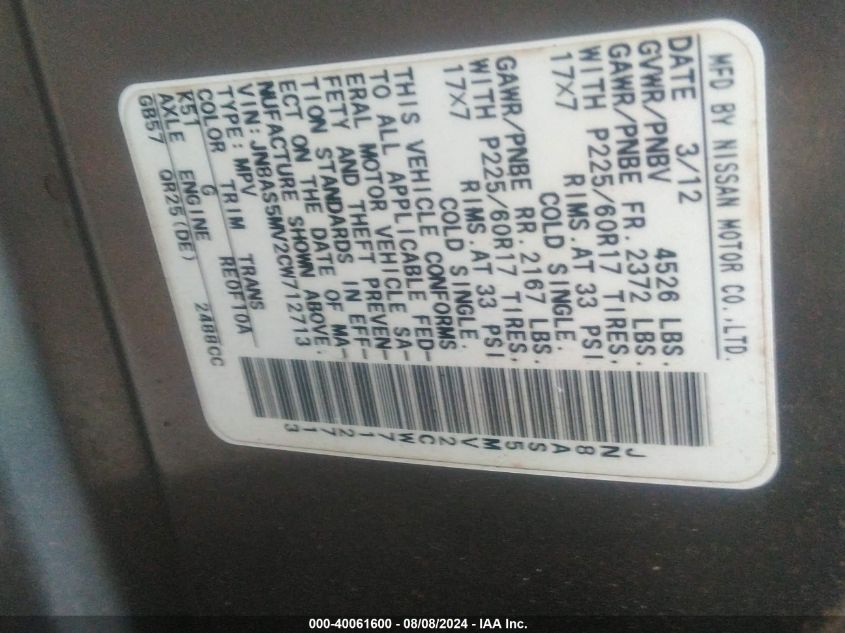 2012 Nissan Rogue S/Sv VIN: JN8AS5MV2CW712713 Lot: 40061600