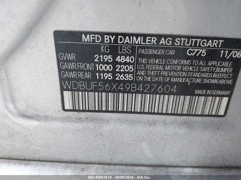 2009 Mercedes-Benz E 350 350 VIN: WDBUF56X49B427604 Lot: 40061619