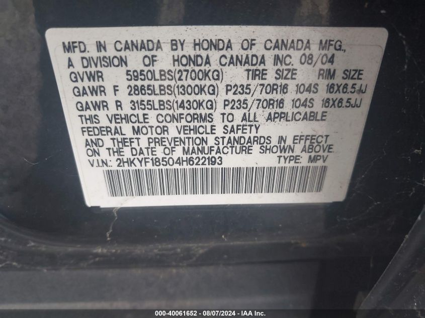 2004 Honda Pilot Ex-L VIN: 2HKYF18504H622193 Lot: 40061652