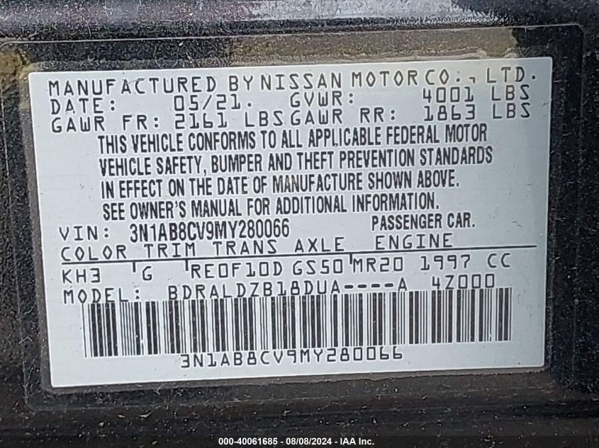 2021 Nissan Sentra Sv VIN: 3N1AB8CV9MY280066 Lot: 40061685