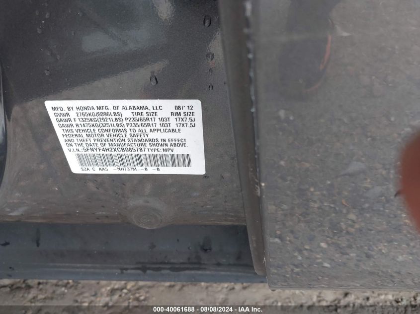 2012 Honda Pilot Lx VIN: 5FNYF4H2XCB085787 Lot: 40061688