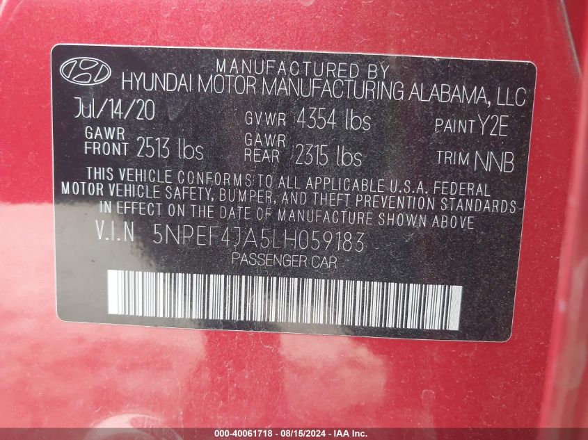 2020 Hyundai Sonata Sel VIN: 5NPEF4JA5LH059183 Lot: 40061718