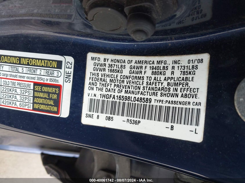 2008 Honda Civic Sdn Lx VIN: 1HGFA16598L048589 Lot: 40061742