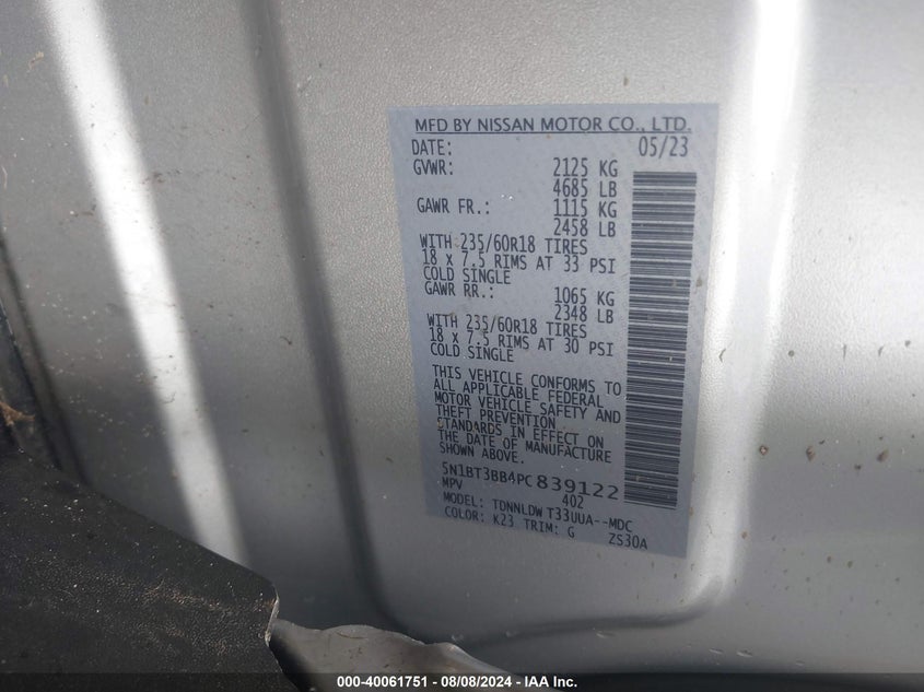 2023 Nissan Rogue Sv VIN: 5N1BT3BB4PC839122 Lot: 40061751