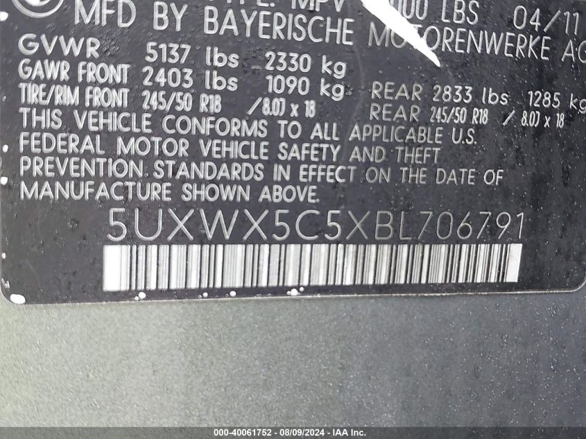 2011 BMW X3 xDrive28I VIN: 5UXWX5C5XBL706791 Lot: 40061752