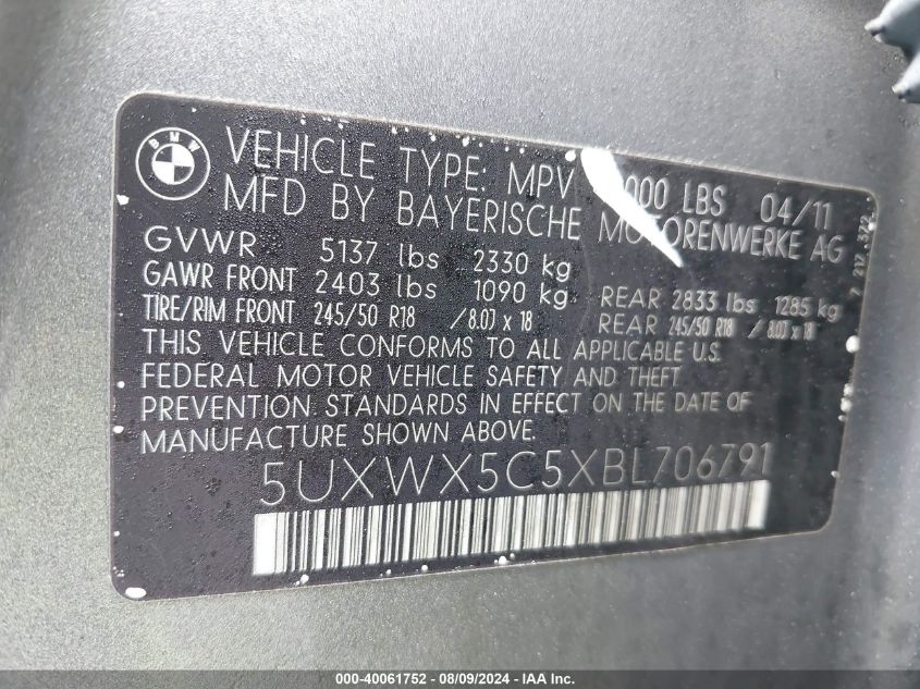 2011 BMW X3 xDrive28I VIN: 5UXWX5C5XBL706791 Lot: 40061752