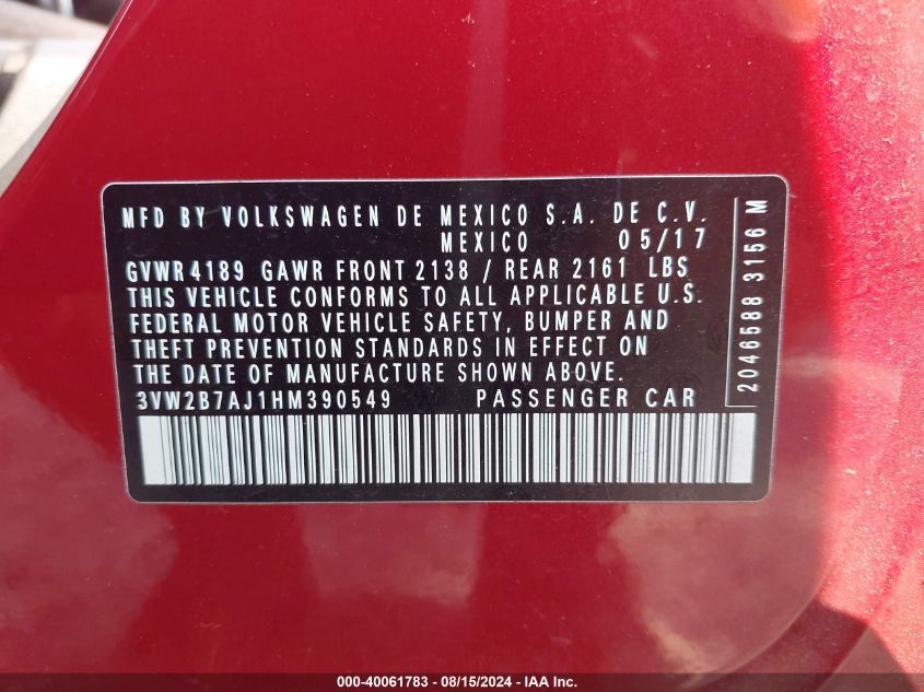 2017 Volkswagen Jetta 1.4T S VIN: 3VW2B7AJ1HM390549 Lot: 40061783