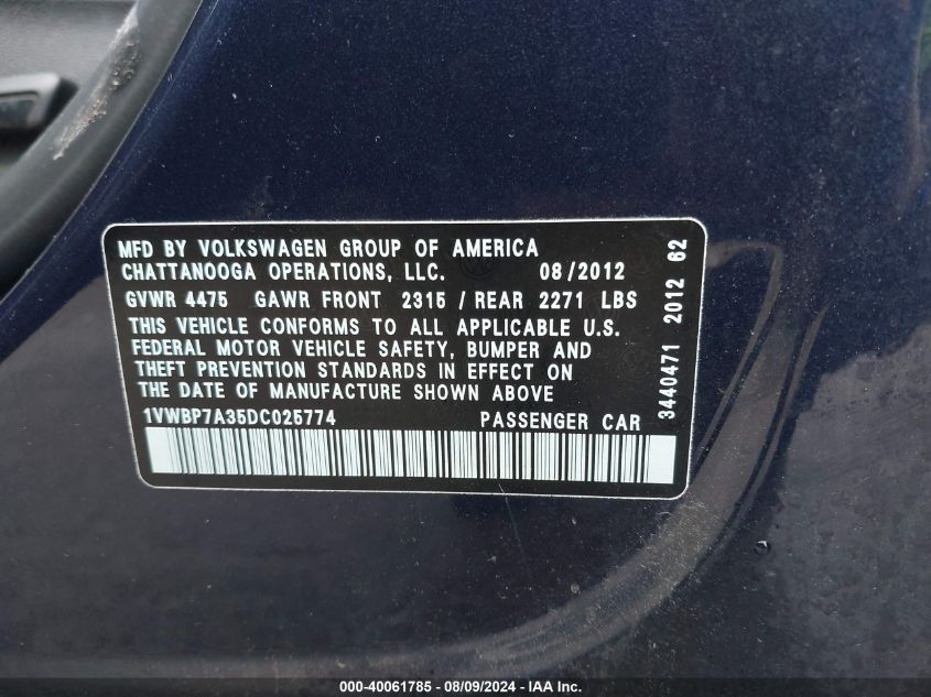 2013 Volkswagen Passat Se VIN: 1VWBP7A35DC025774 Lot: 40061785