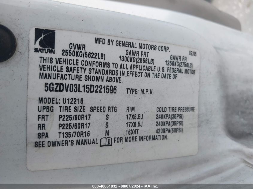 2005 Saturn Relay Fwd VIN: 5GZDV03L15D221596 Lot: 40061832