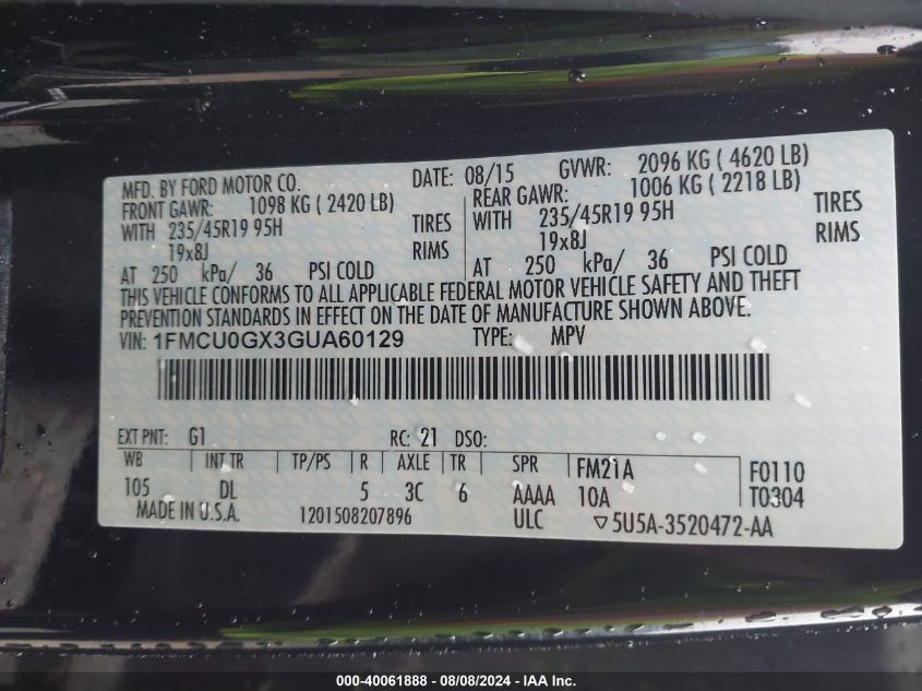 2016 Ford Escape Se VIN: 1FMCU0GX3GUA60129 Lot: 40061888