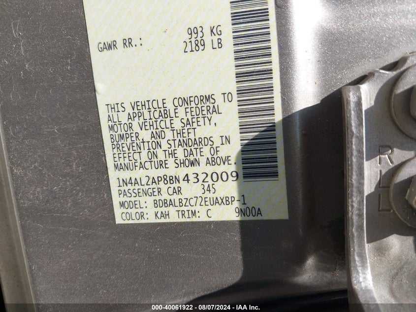 2011 Nissan Altima 2.5 S VIN: 1N4AL2AP8BN432009 Lot: 40061922