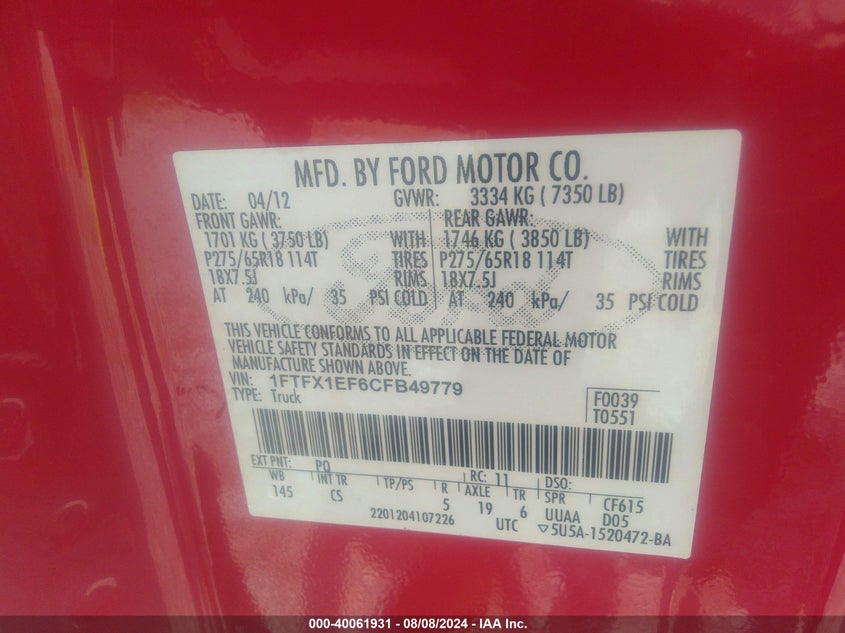 2012 Ford F-150 Super Cab VIN: 1FTFX1EF6CFB49779 Lot: 40061931