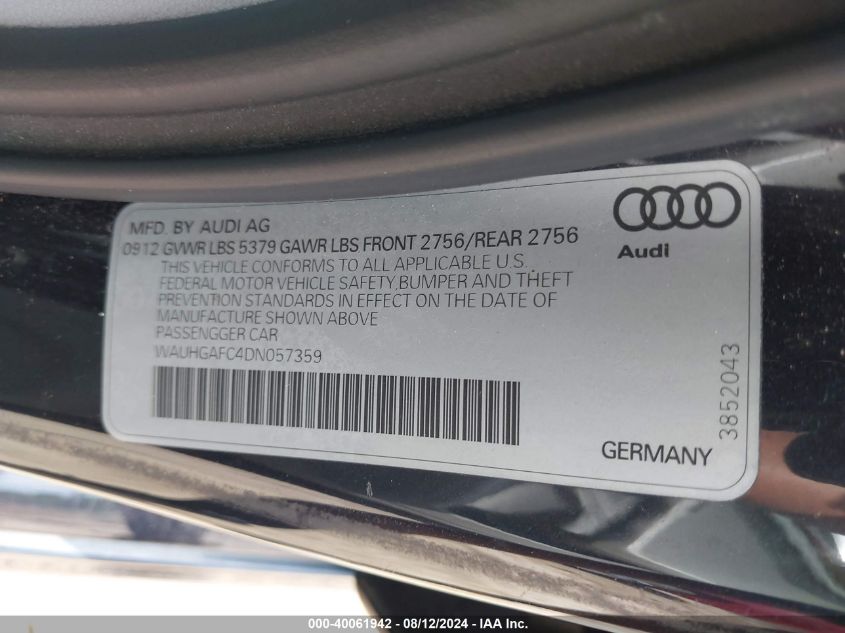 2013 Audi A6 3.0T Premium VIN: WAUHGAFC4DN057359 Lot: 40061942