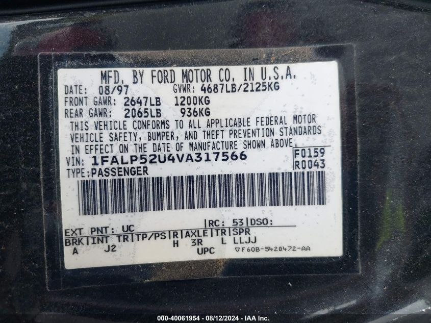 1997 Ford Taurus Gl VIN: 1FALP52U4VA317566 Lot: 40061954