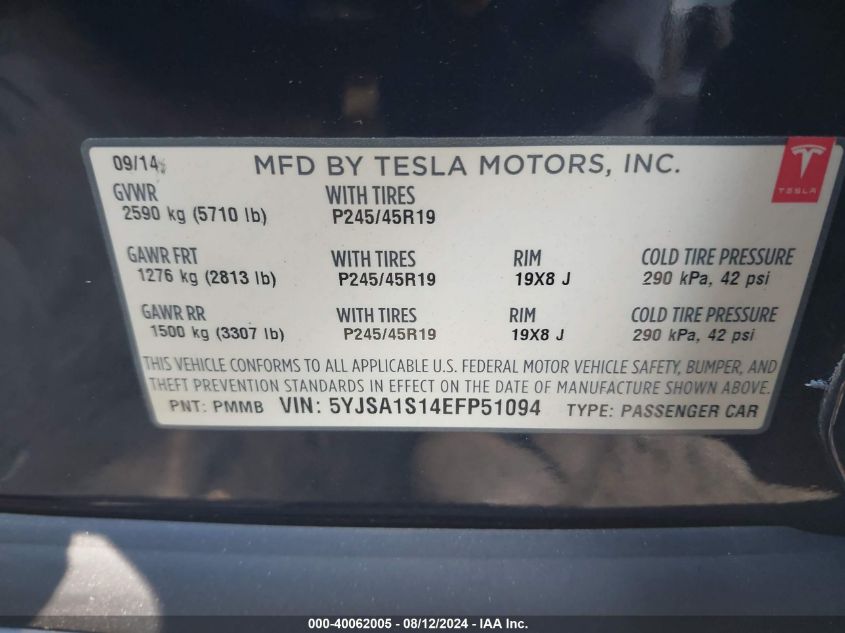 2014 Tesla Model S VIN: 5YJSA1S14EFP51094 Lot: 40062005